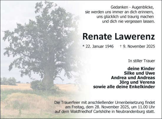 Traueranzeige von Renate Lawerenz von Nordkurier Neubrandenburger Zeitung