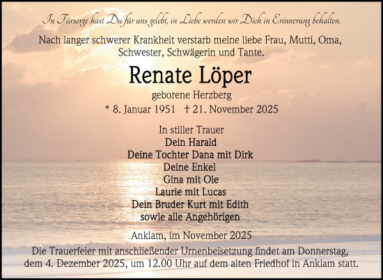 Traueranzeige von Renate Löper von Nordkurier Vorpommern Kurier