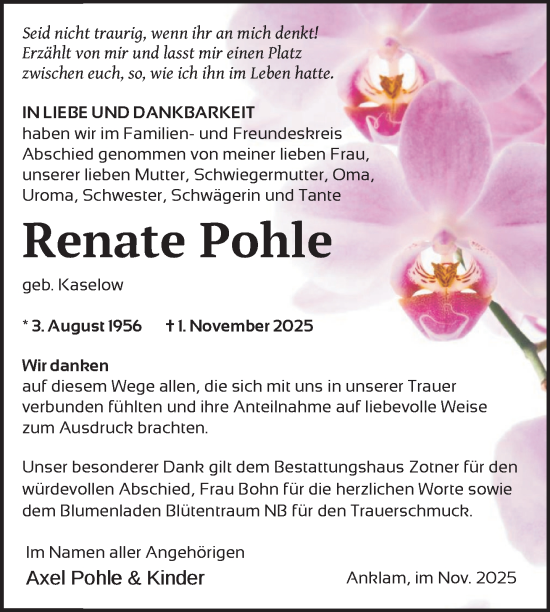 Traueranzeige von Renate Pohle von Nordkurier Vorpommern Kurier
