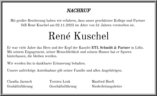 Traueranzeige von René Kuschel von Parchim und Lübz