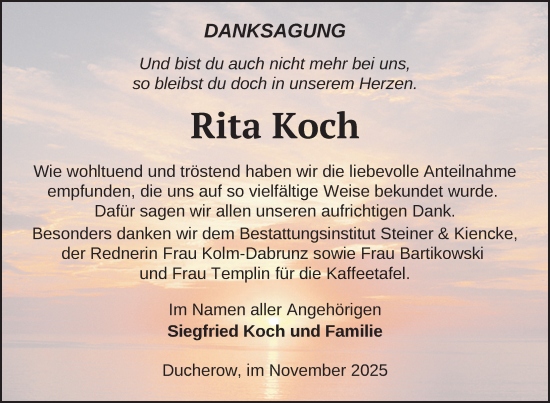 Traueranzeige von Rita Koch von Nordkurier Vorpommern Kurier