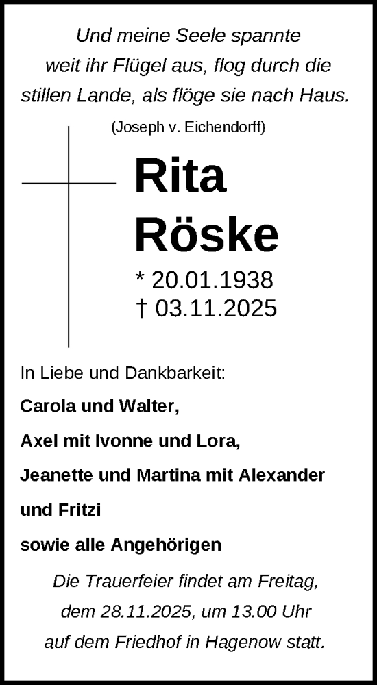 Traueranzeige von Rita Röske von Hagenower Kreisblatt
