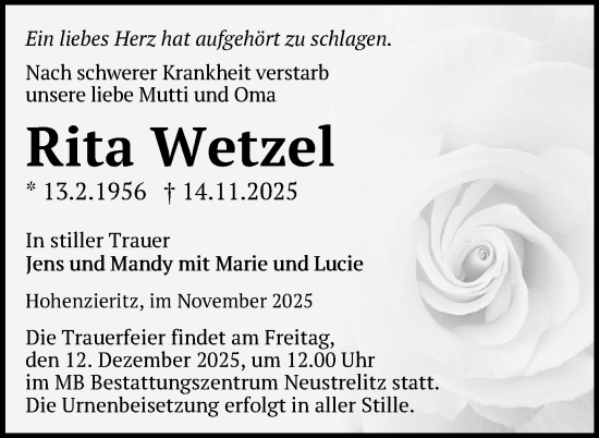Traueranzeige von Rita Wetzel von Nordkurier Grosso