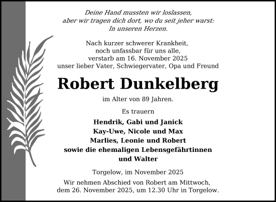 Traueranzeige von Robert Dunkelberg von Nordkurier Grosso