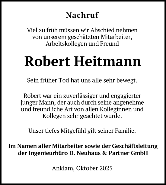 Traueranzeige von Robert Heitmann von Nordkurier Vorpommern Kurier