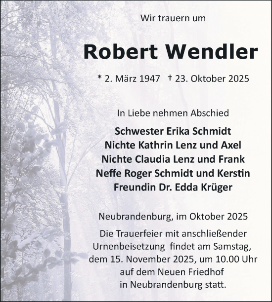 Traueranzeige von Robert Wendler von Nordkurier Neubrandenburger Zeitung