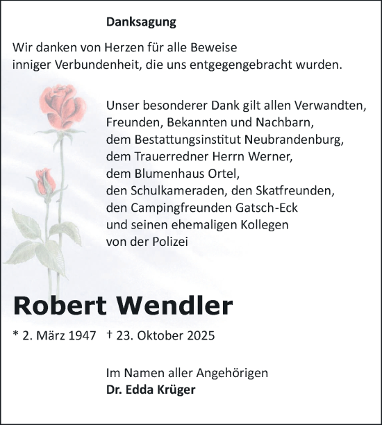 Traueranzeige von Robert Wendler von Nordkurier Neubrandenburger Zeitung