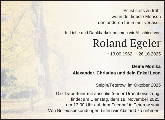 Traueranzeige von Roland Egeler von Nordkurier Mecklenburger Schweiz