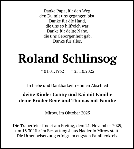 Traueranzeige von Roland Schlinsog von Nordkurier Strelitzer Zeitung