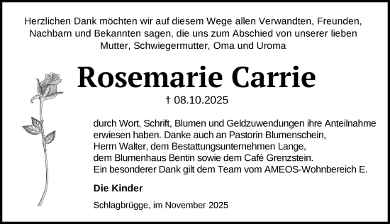 Traueranzeige von Rosemarie Carrie von Gadebusch - Rehnaer Zeitung