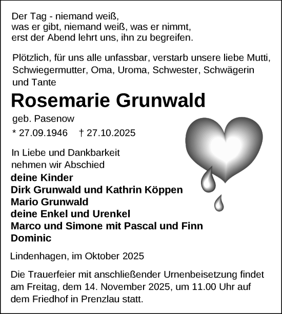 Traueranzeige von Rosemarie Grunwald von Uckermark Kurier Prenzlauer Zeitung