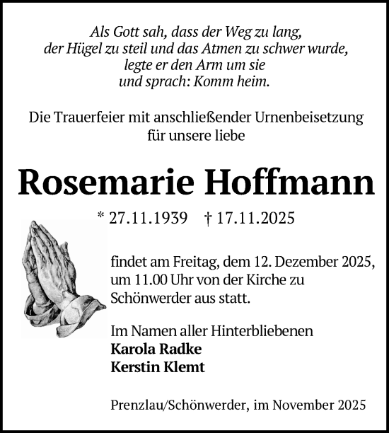 Traueranzeige von Rosemarie Hoffmann von Uckermark Kurier Prenzlauer Zeitung