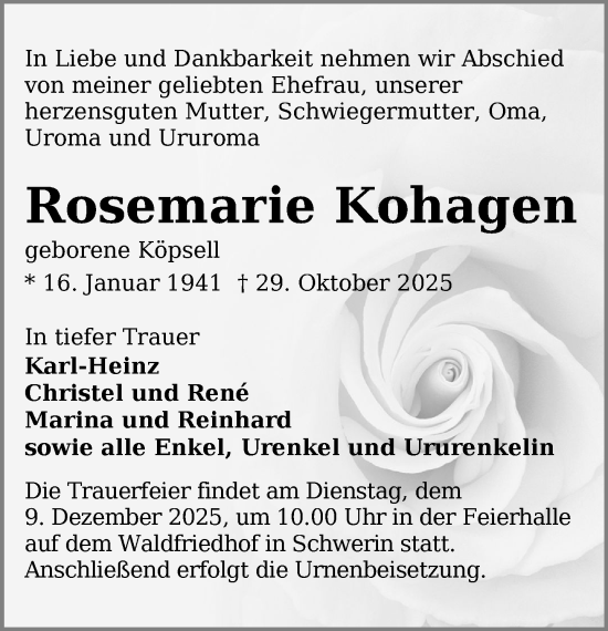 Traueranzeige von Rosemarie Kohagen von Zeitung für die Landeshauptstadt