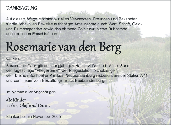 Traueranzeige von Rosemarie van den Berg von Nordkurier Neubrandenburger Zeitung