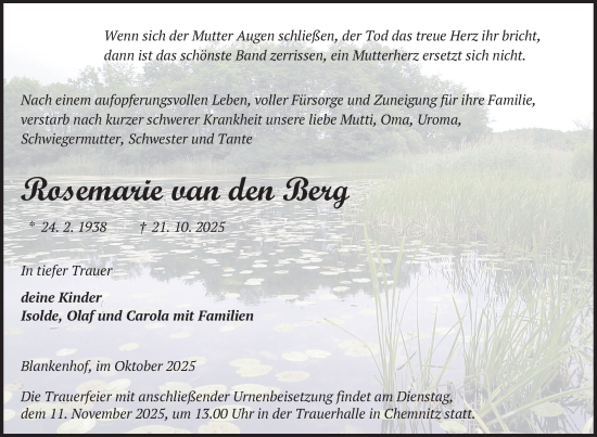 Traueranzeige von Rosemarie van den Berg von Nordkurier Neubrandenburger Zeitung