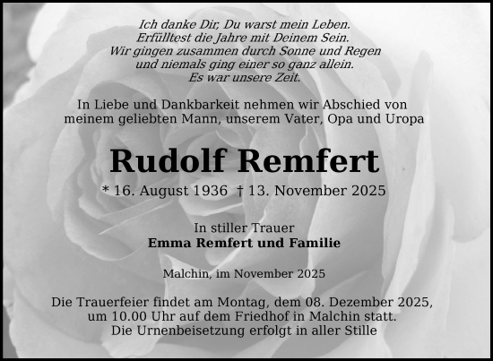 Traueranzeige von Rudolf Remfert von Nordkurier Mecklenburger Schweiz