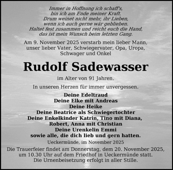 Traueranzeige von Rudolf Sadewasser von Nordkurier Grosso