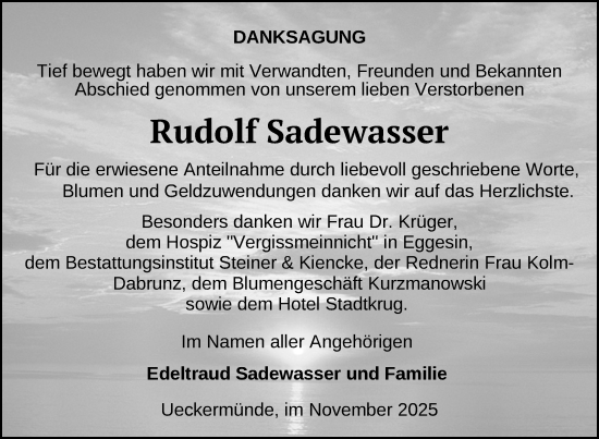 Traueranzeige von Rudolf Sadewasser von Nordkurier Grosso