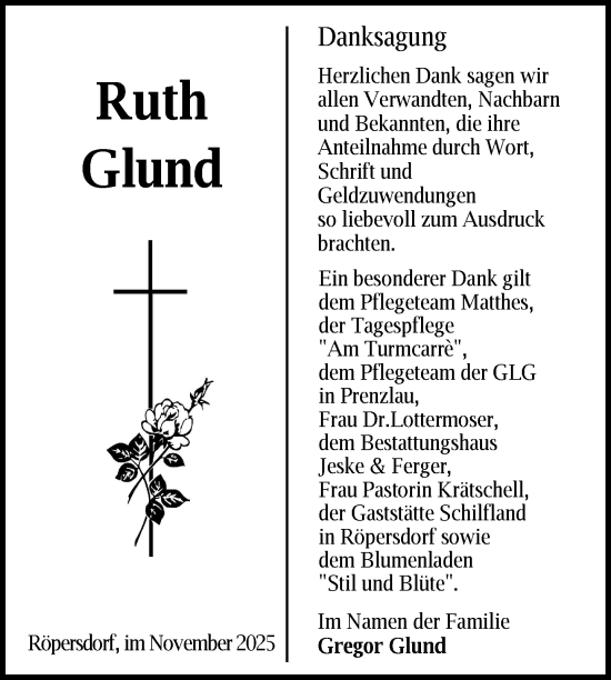 Traueranzeige von Ruth Glund von Uckermark Kurier Prenzlauer Zeitung