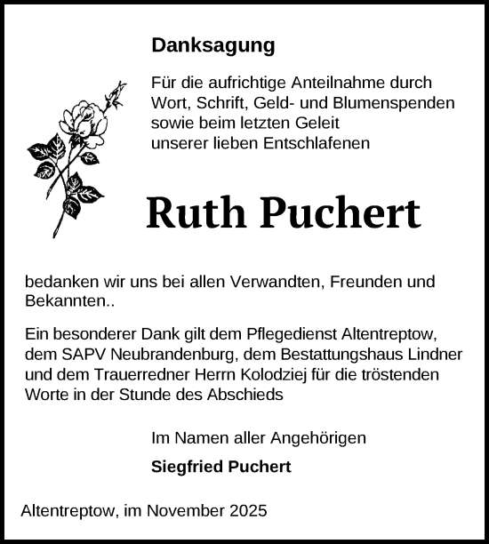 Traueranzeige von Ruth Puchert von Nordkurier Neubrandenburger Zeitung