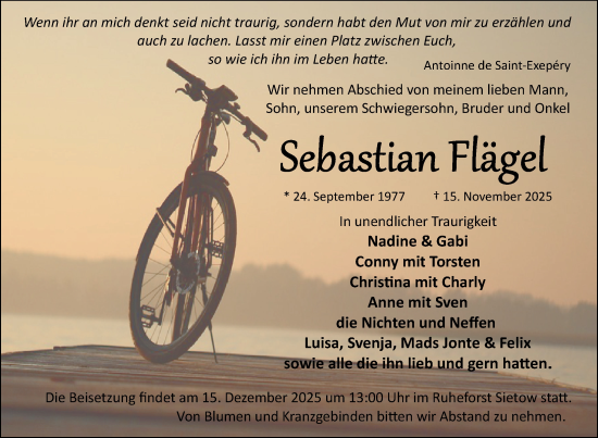 Traueranzeige von Sebastian Flägel von Nordkurier Neubrandenburger Zeitung