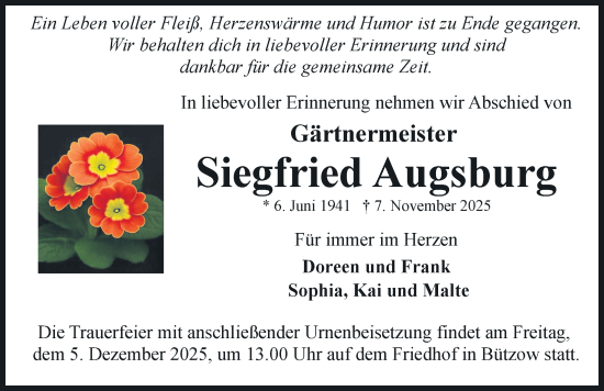 Traueranzeige von Siegfried Augsburg von Güstrow und Bützow