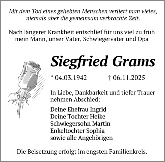 Traueranzeige von Siegfried Grams von Anzeiger für Sternberg - Brüel - Warin