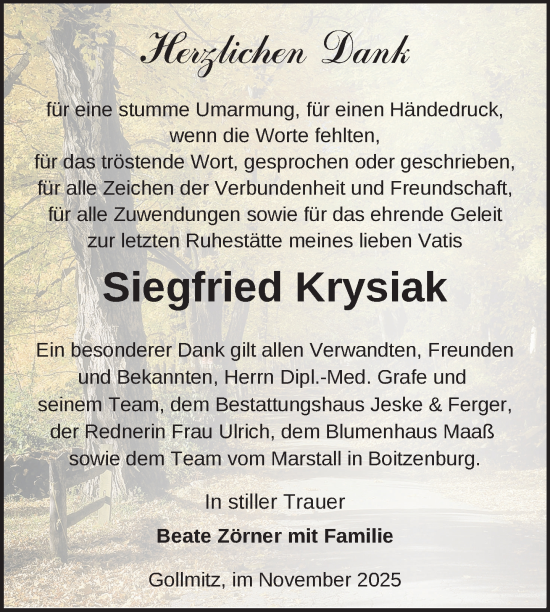 Traueranzeige von Siegfried Krysiak von Uckermark Kurier Prenzlauer Zeitung