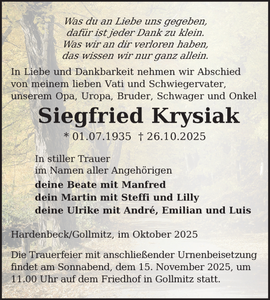 Traueranzeige von Siegfried Krysiak von Uckermark Kurier Prenzlauer Zeitung
