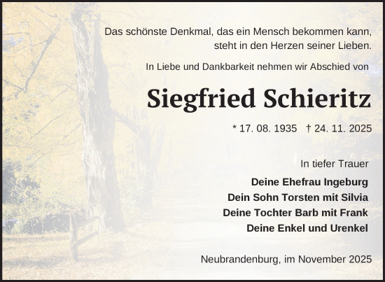 Traueranzeige von Siegfried Schieritz von Nordkurier Neubrandenburger Zeitung