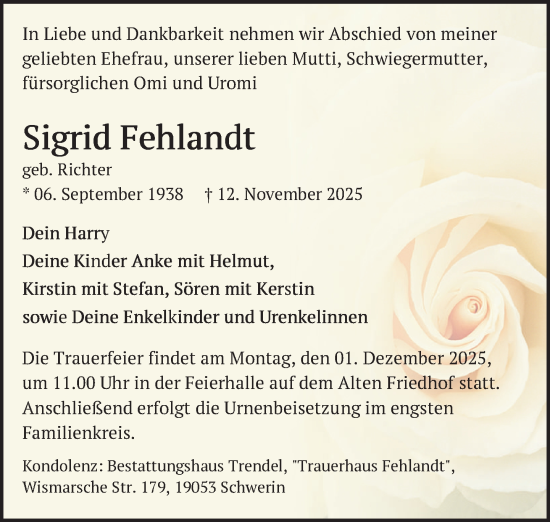 Traueranzeige von Sigrid Fehlandt von Zeitung für die Landeshauptstadt