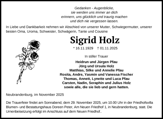 Traueranzeige von Sigrid Holz von Nordkurier Neubrandenburger Zeitung