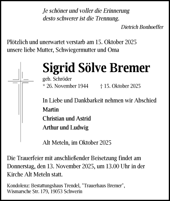Traueranzeige von Sigrid Sölve Bremer von Zeitung für die Landeshauptstadt