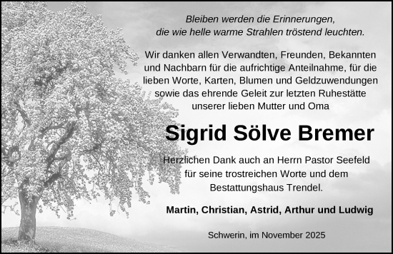 Traueranzeige von Sigrid Sölve Bremer von Zeitung für die Landeshauptstadt