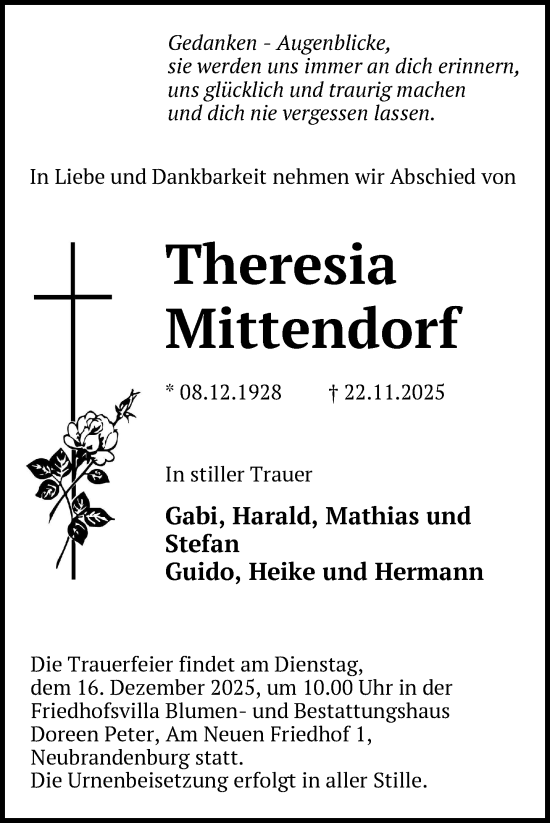 Traueranzeige von Theresia Mittendorf von Nordkurier Neubrandenburger Zeitung