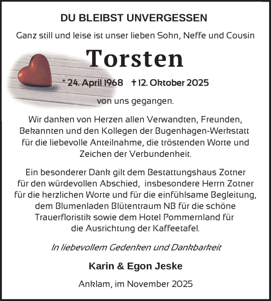 Traueranzeige von Torsten  von Nordkurier Vorpommern Kurier