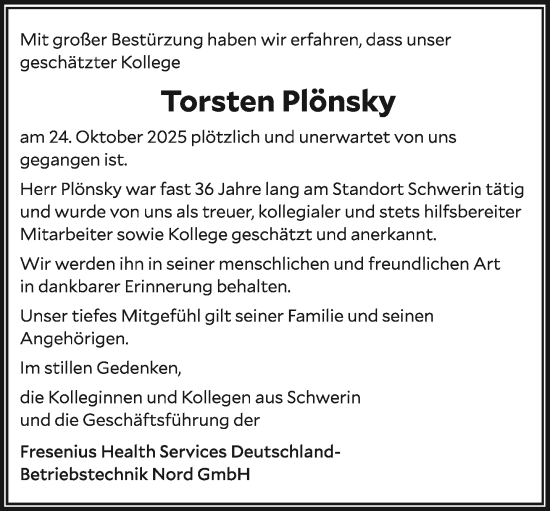 Traueranzeige von Torsten Plönsky von Zeitung für die Landeshauptstadt