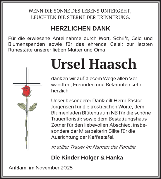 Traueranzeige von Ursel Haasch von Nordkurier Vorpommern Kurier