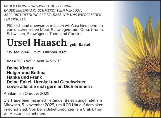 Traueranzeige von Ursel Haasch von Nordkurier Vorpommern Kurier