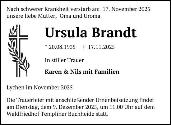 Traueranzeige von Ursula Brandt von Uckermark Kurier Templiner Zeitung