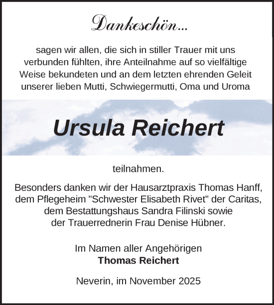 Traueranzeige von Ursula Reichert von Nordkurier Neubrandenburger Zeitung