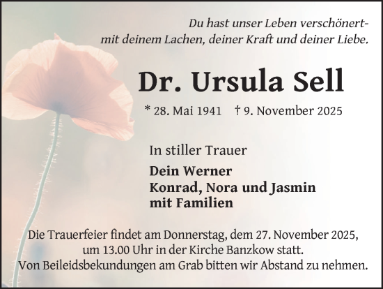 Traueranzeige von Ursula Sell von Zeitung für die Landeshauptstadt