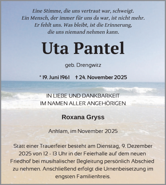 Traueranzeige von Uta Pantel von Nordkurier Vorpommern Kurier
