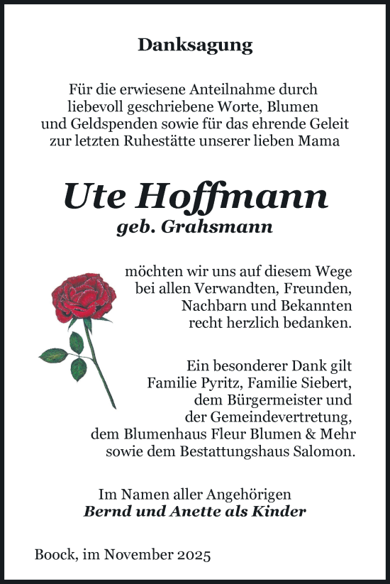 Traueranzeige von Ute Hoffmann von Nordkurier Pasewalker Zeitung