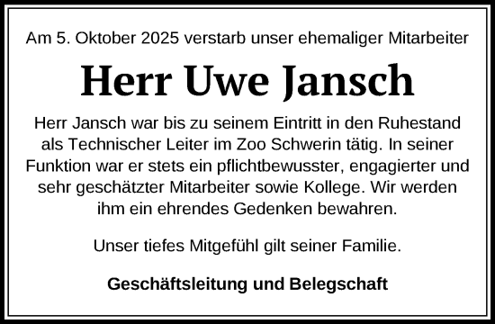 Traueranzeige von Uwe Jansch von Zeitung für die Landeshauptstadt
