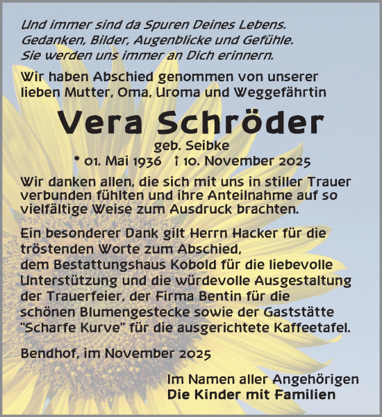 Traueranzeige von Vera Schröder von Gadebusch - Rehnaer Zeitung