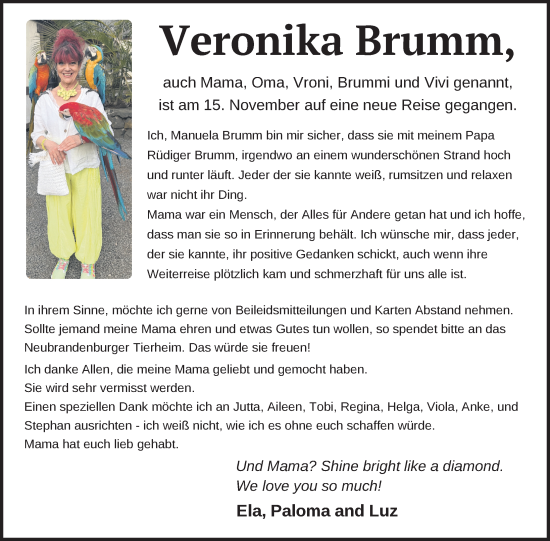 Traueranzeige von Veronika Brumm von Nordkurier Neubrandenburger Zeitung