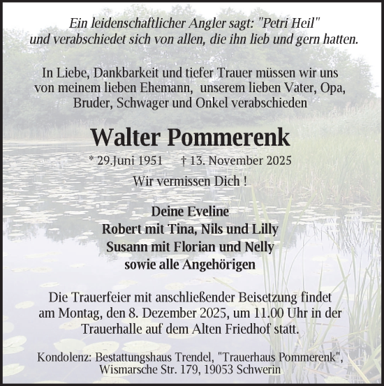 Traueranzeige von Walter Pommerenk von Zeitung für die Landeshauptstadt
