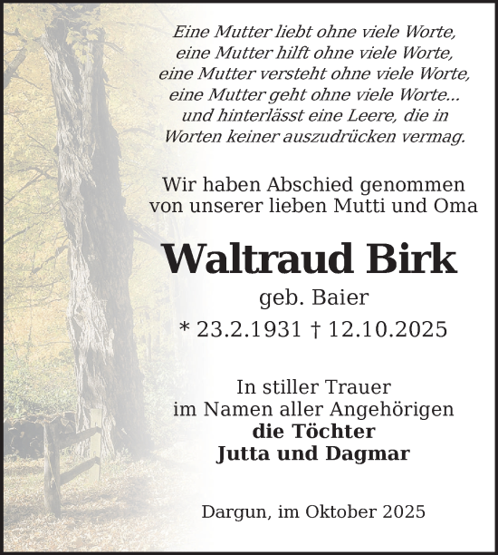 Traueranzeige von Waltraud Birk von Nordkurier Grosso