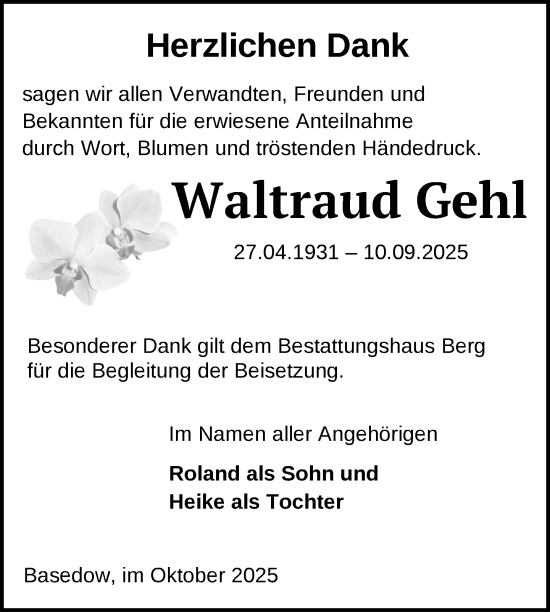 Traueranzeige von Waltraud Gehl von Nordkurier Mecklenburger Schweiz